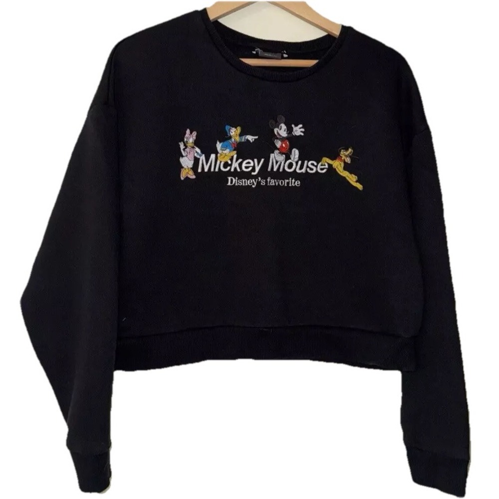 Zara Black Mickey Mouse Embroidered Cropped Sweatshirt